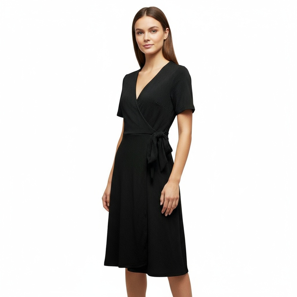 H&M Wrap Dress XS Black Surplice Neck Short Sleeve‎ Casual Career Versatile LBD